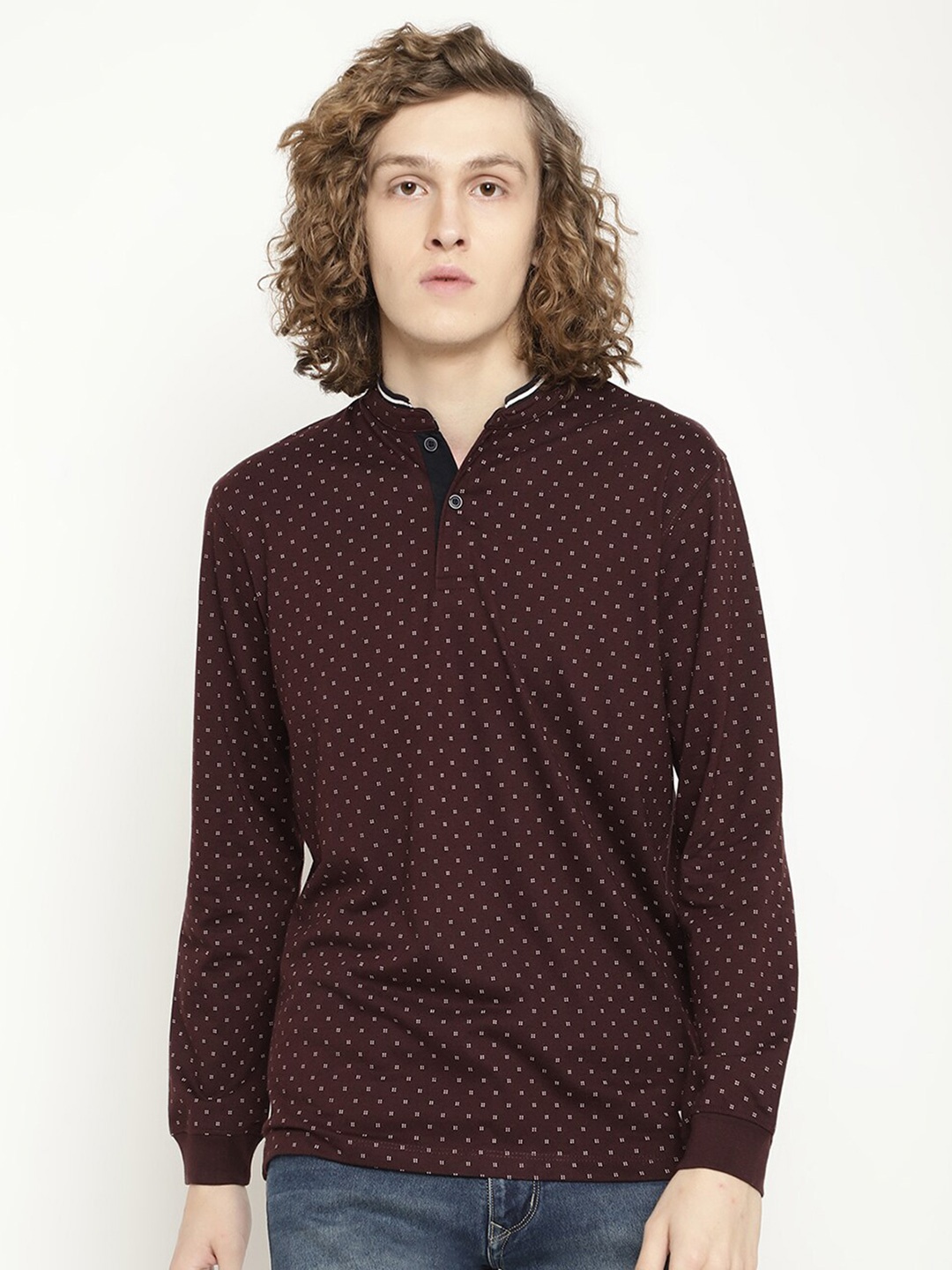 

METTLE Men Printed Cotton Mandarin Collar T-shirt, Maroon