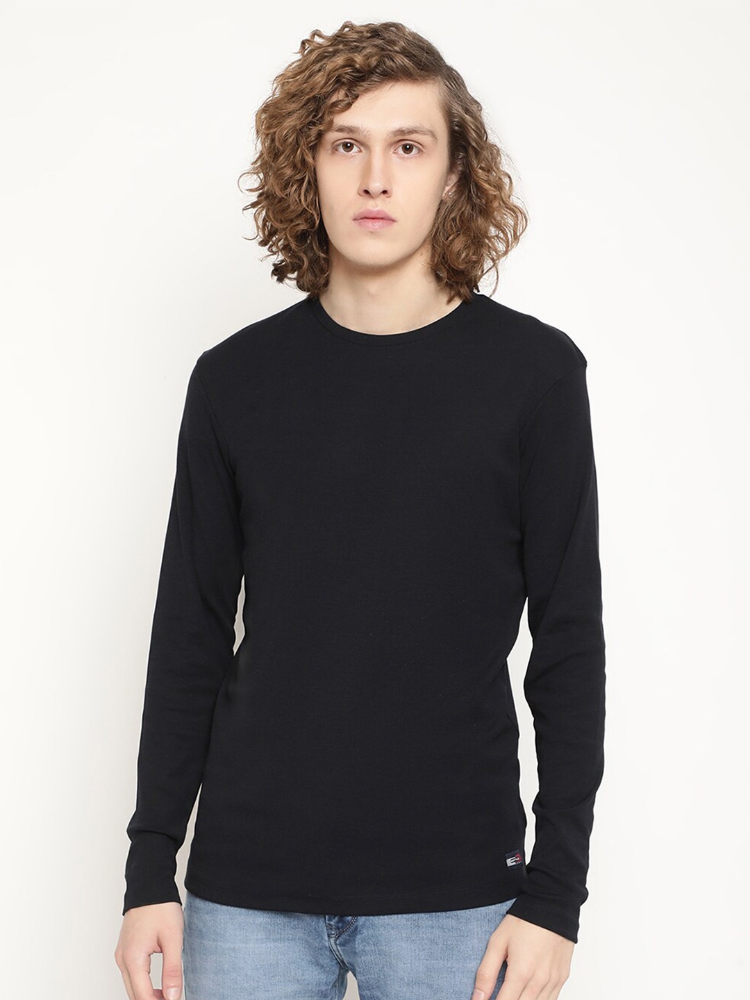 METTLE Men Solid Cotton Round Neck T-shirt, Navy blue