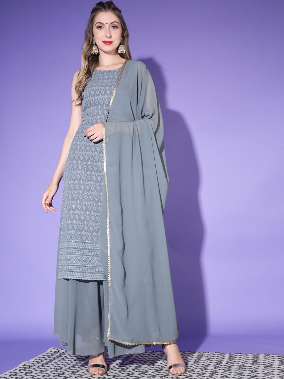 

Shopping Queen Women Grey Floral Embroidered Kurta with Palazzos & With Dupatta