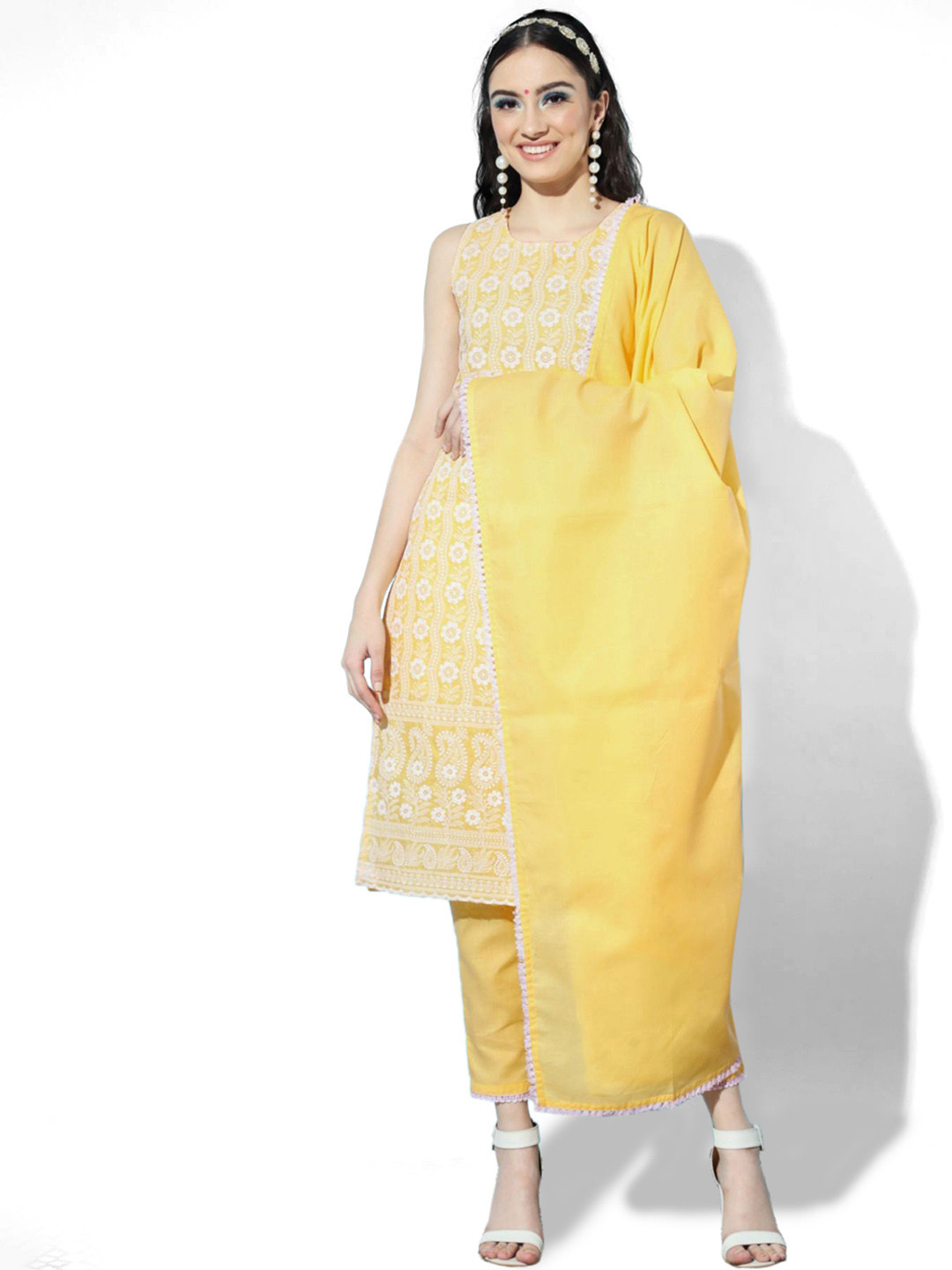 

Shopping Queen Women Yellow Ethnic Motifs Embroidered Thread Work Pure Cotton Kurta Set