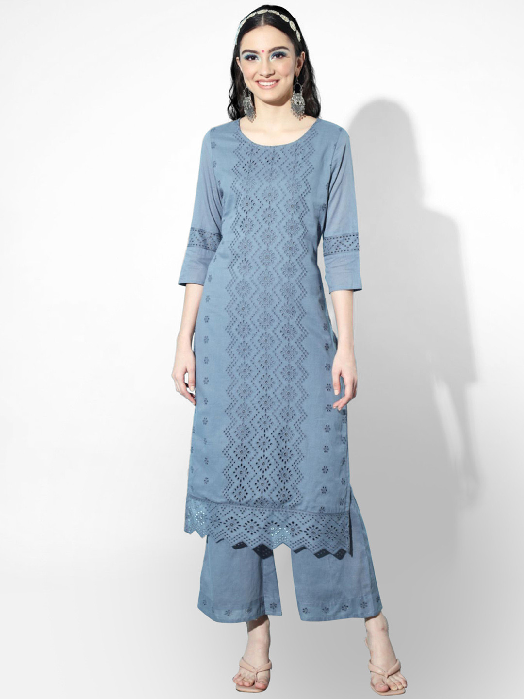 

Shopping Queen Women Blue Floral Embroidered Chikankari Pure Cotton Kurta with Palazzos