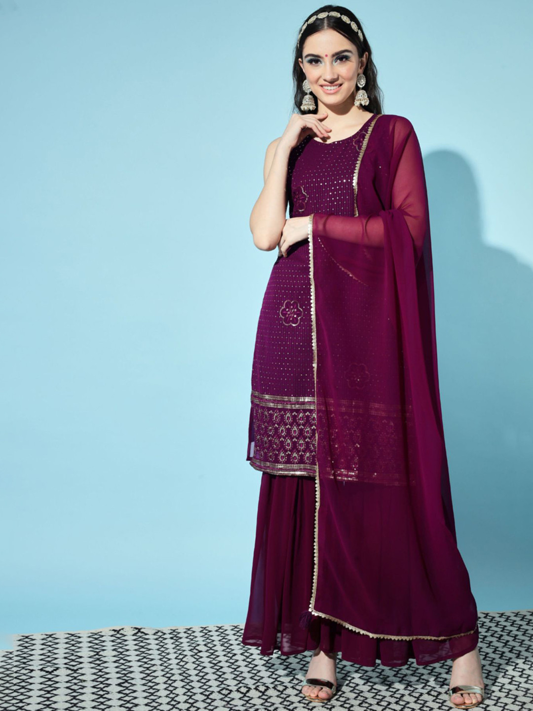 

Shopping Queen Women Purple Floral Embroidered Sequinned Kurta with Sharara & Dupatta