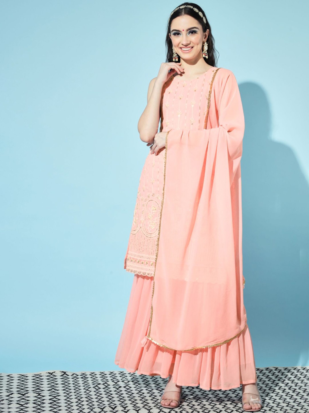 

Shopping Queen Women Pink Floral Embroidered Kurta with Sharara & With Dupatta