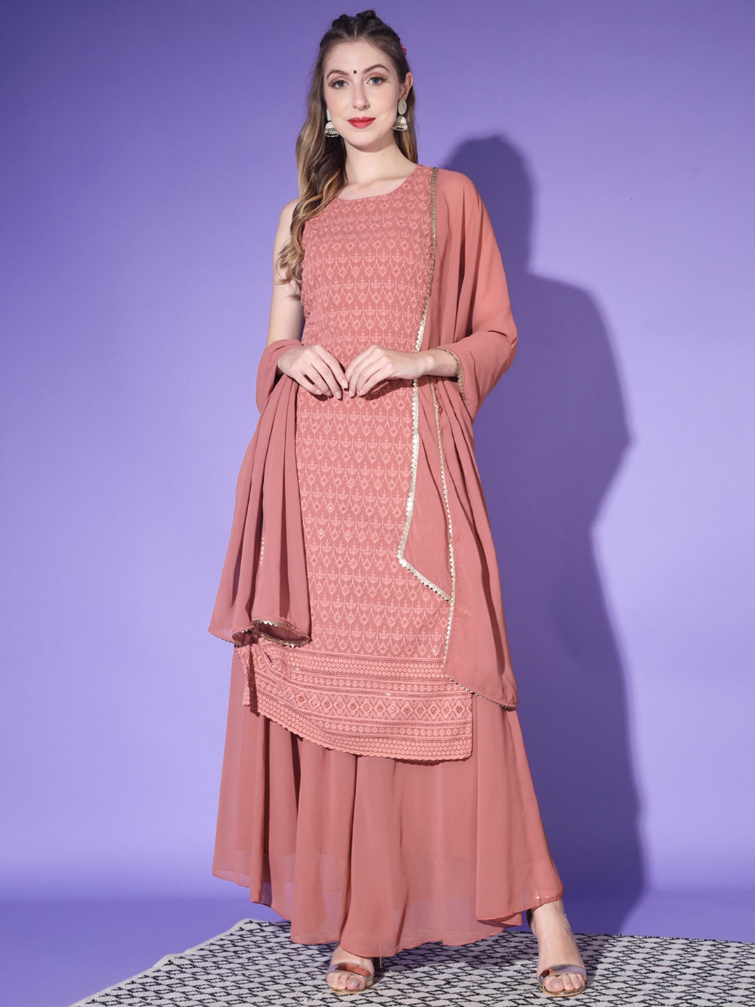 

Shopping Queen Women Ethnic Motifs Embroidered Chikankari Kurta with Palazzos & Dupatta, Peach