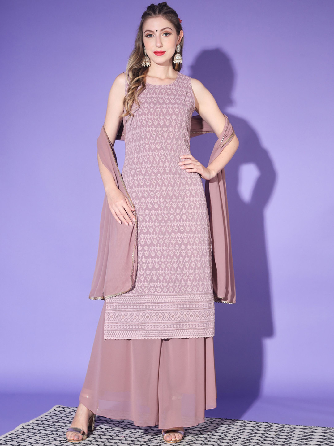 

Shopping Queen Women Floral Embroidered Chikankari Kurta with Palazzos & Dupatta, Mauve
