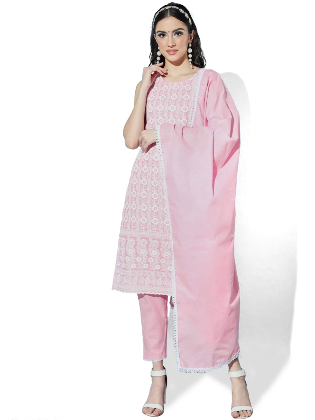 

Shopping Queen Women Floral Embroidered Pure Cotton Kurta with Trousers & Dupatta, Pink