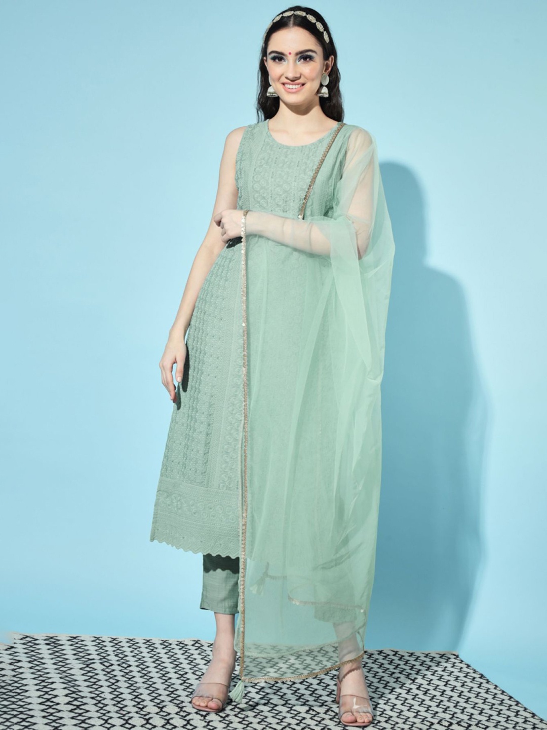 Shopping Queen Women Paisley Embroidered Sequinned Kurta With Trousers & With Dupatta, Green