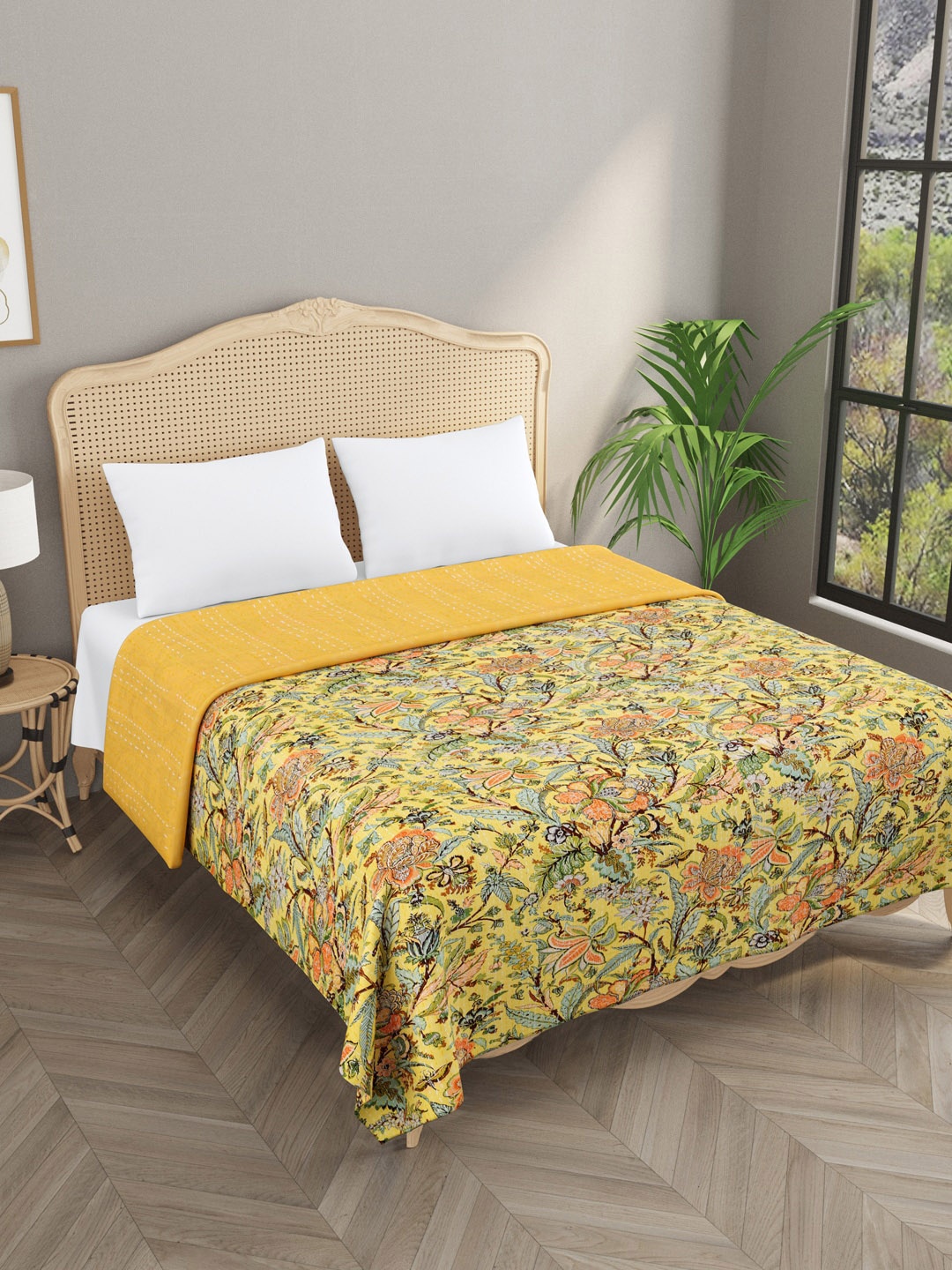 

Gulaab Jaipur Yellow & Green Floral Printed Cotton 380 TC Double King Bed Cover