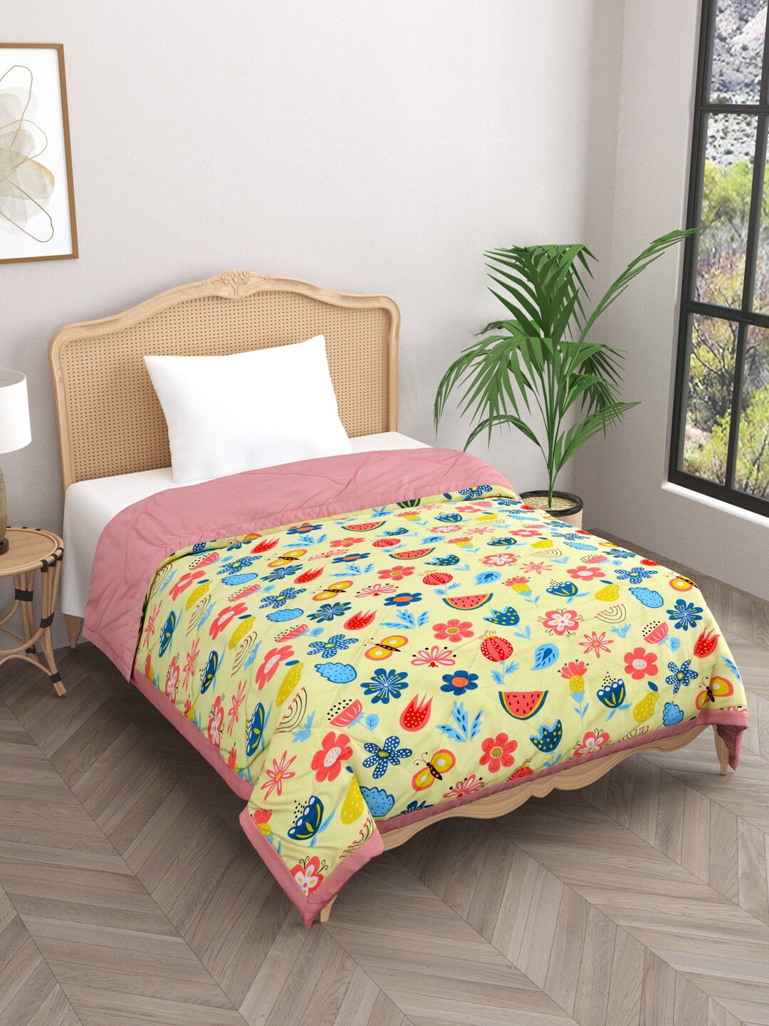 

Gulaab Jaipur Pink & Yellow Floral Mild Winter Cotton 500 GSM Single Bed Comforter