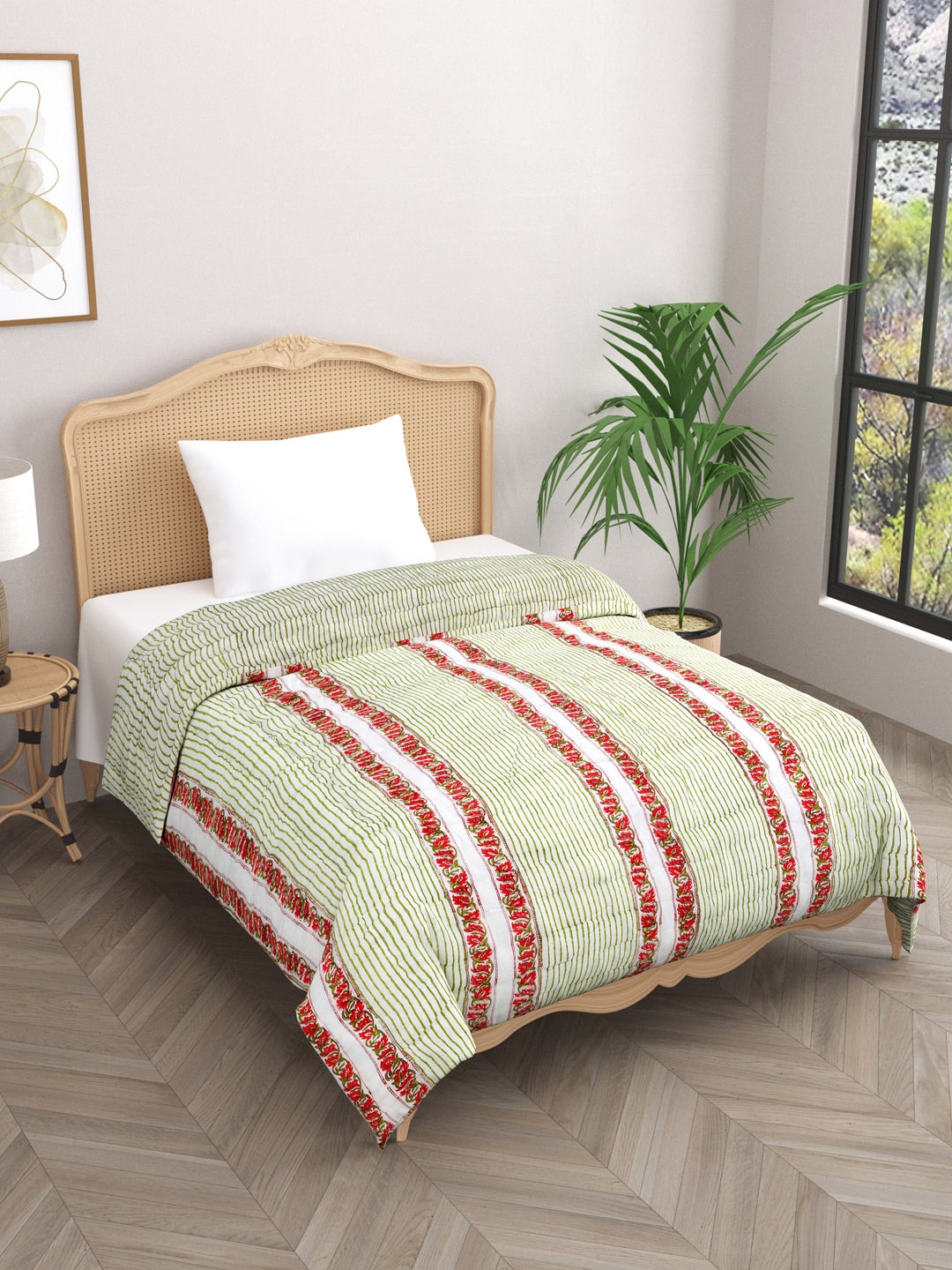 

Gulaab Jaipur Green & Red Striped Mild Winter Cotton 500 GSM Single Bed Quilt