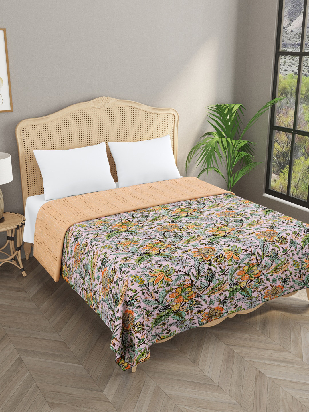 

Gulaab Jaipur Beige & Yellow Printed 380 TC Double King Bed Cover