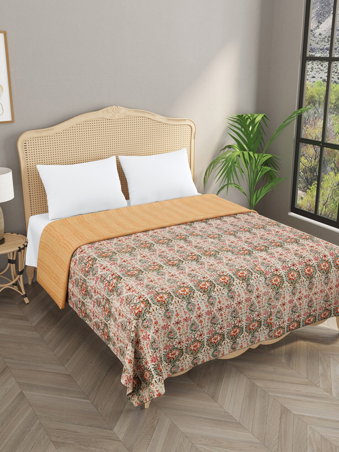 

Gulaab Jaipur Beige & Red Printed 380 TC Double King Bed Cover