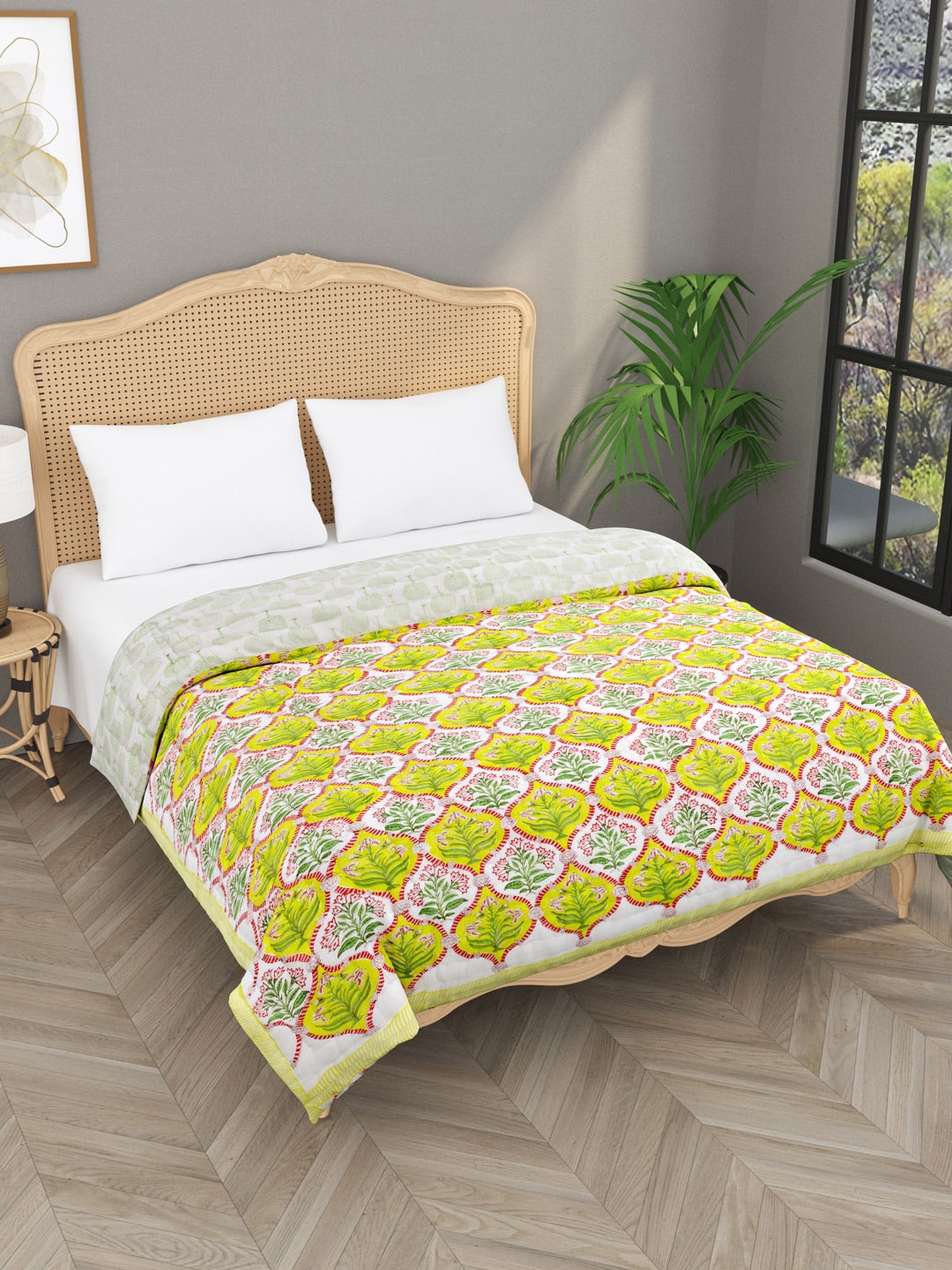 

Gulaab Jaipur Green & Pink Floral Mild Winter Cotton 500 GSM Double Bed Quilt
