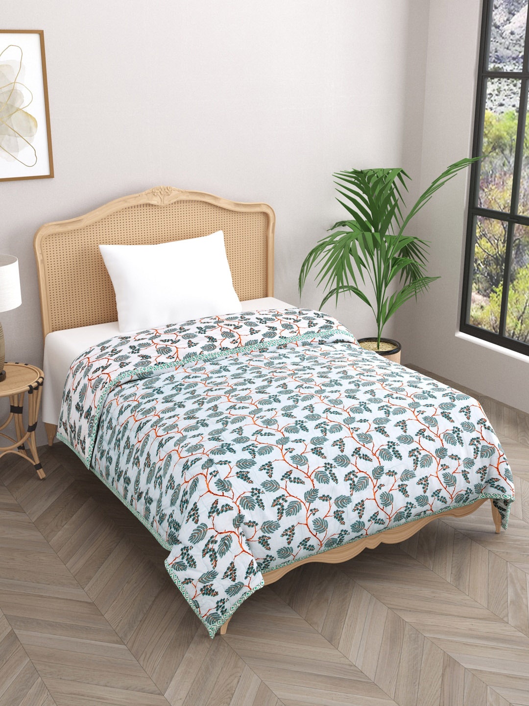 

Gulaab Jaipur White & Blue Floral Mild Winter Cotton 500 GSM Single Bed Quilt