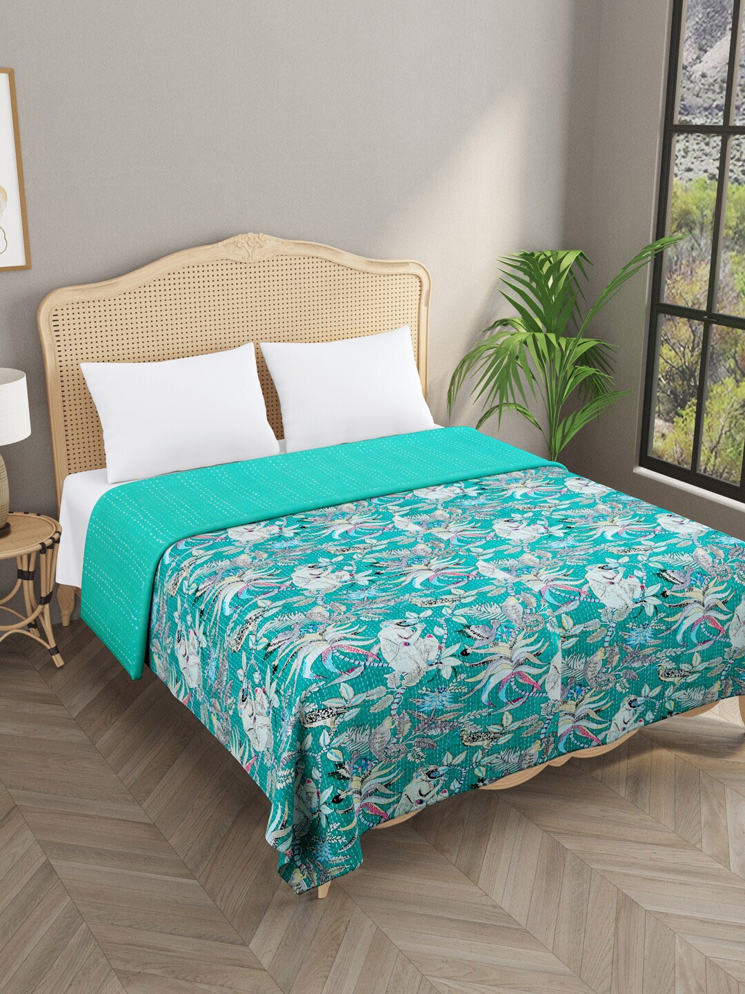 Gulaab Jaipur Blue & White Hand-Block Printed Kantha Work Bed Cover
