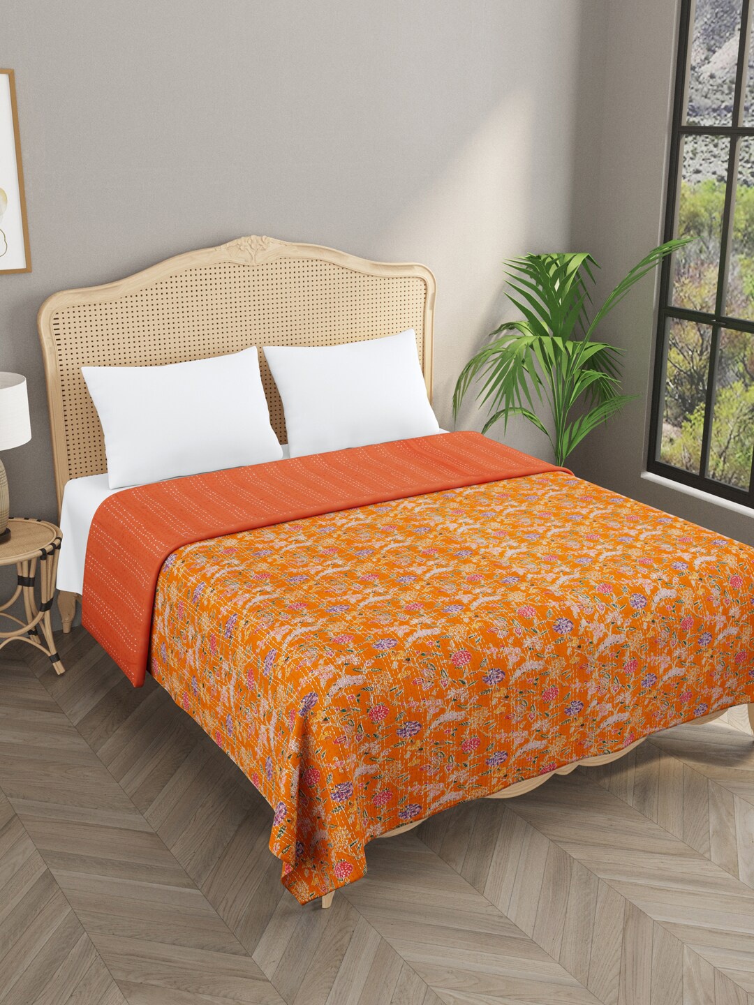 Gulaab Jaipur Orange & Pink Hanbok Printed Double Bed - King 380 TC Bed Cover