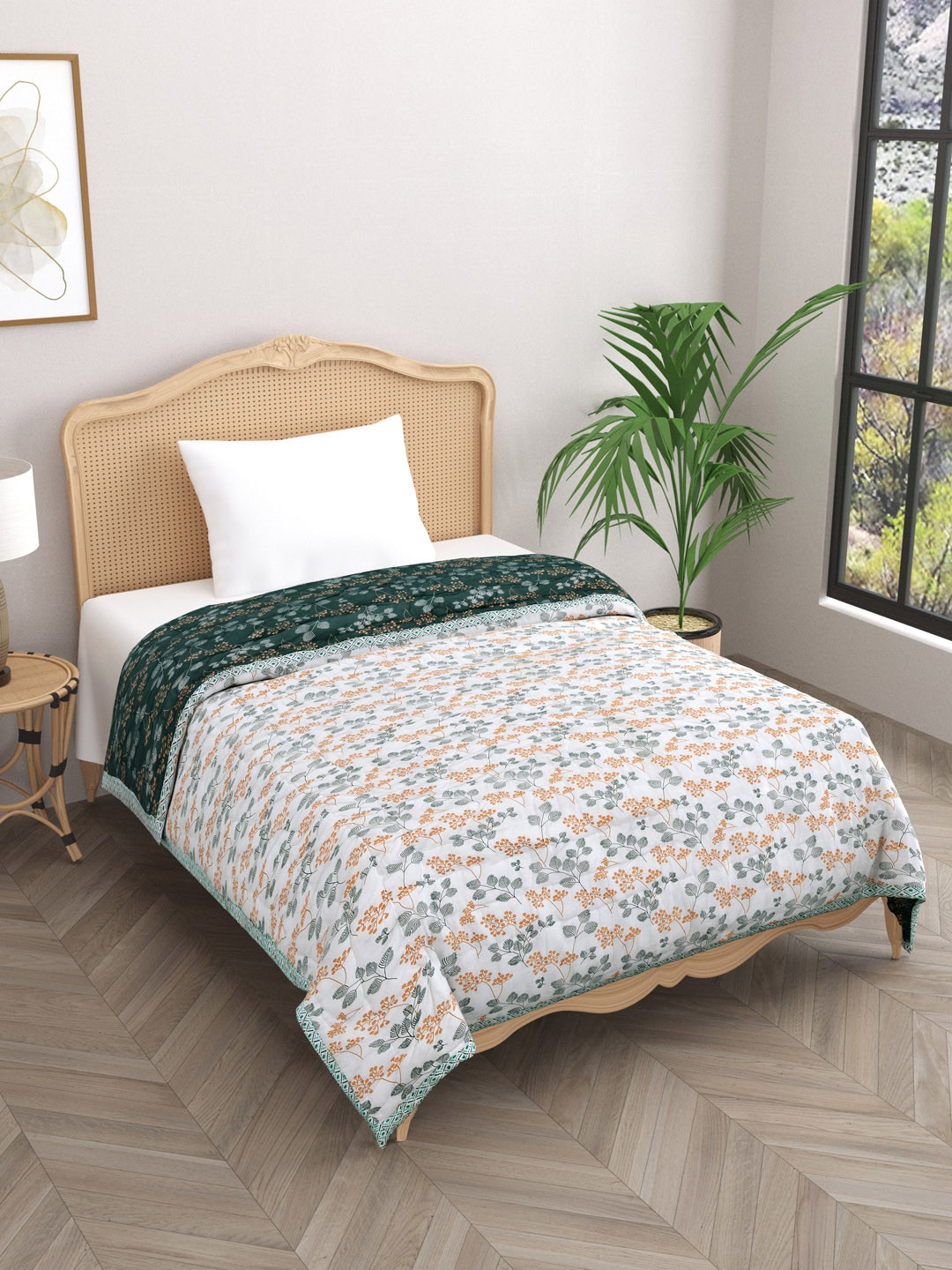 

Gulaab Jaipur White & Green Floral Mild Winter Cotton 500 GSM Single Bed Quilt