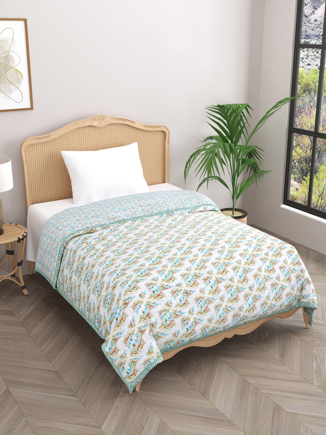

Gulaab Jaipur White & Green Floral Mild Winter Cotton 500 GSM Single Bed Quilt