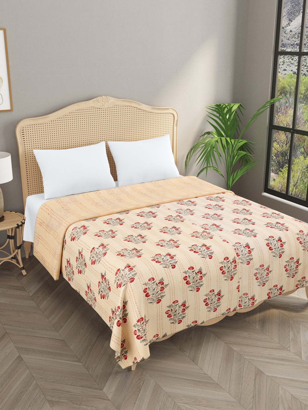 

Gulaab Jaipur Beige Handblock Kantha Printed Cotton Double King Bed Cover