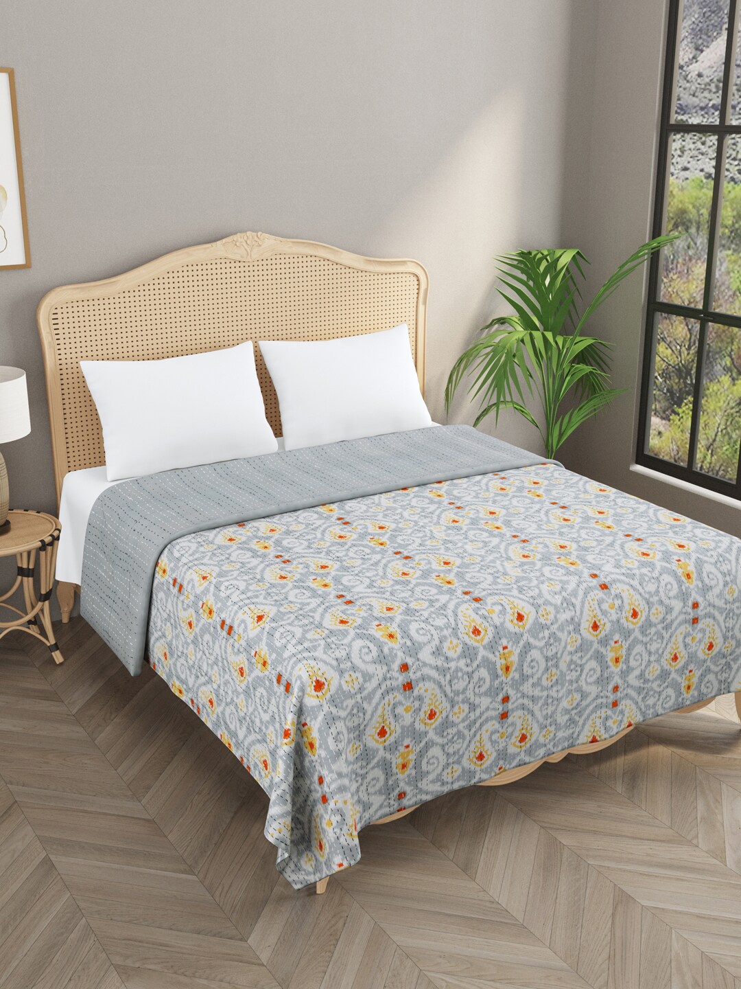 

Gulaab Jaipur Grey & Orange 380 TC Cotton Double King Bed Cover