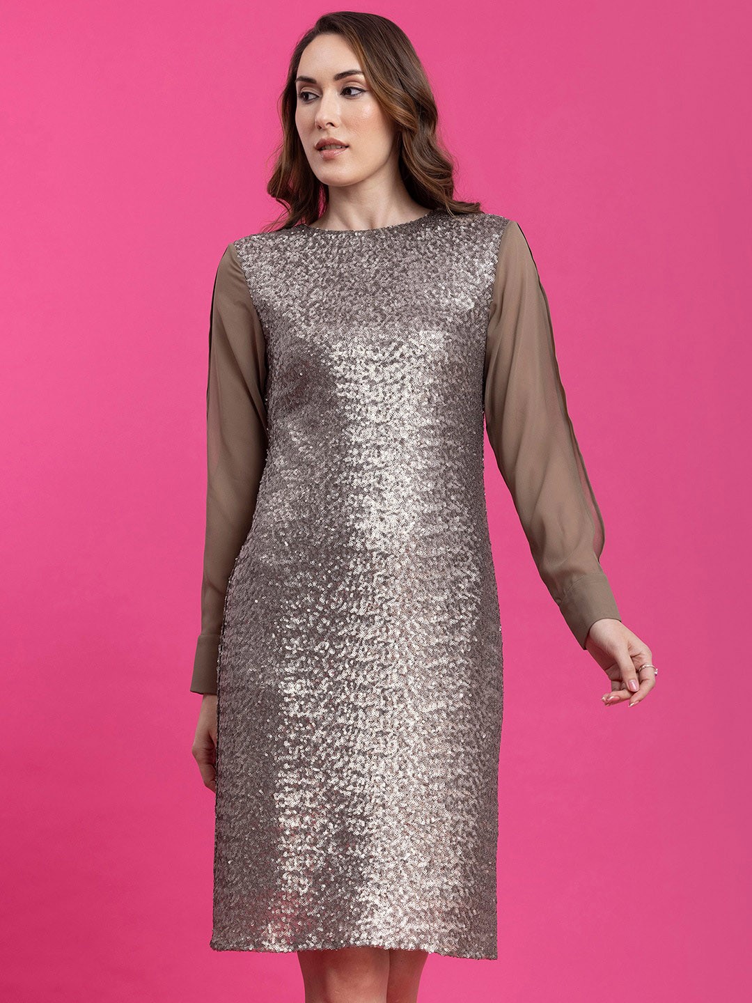 

FableStreet Boat Neck Cuffed Sleeve Sheath Dress, Gold