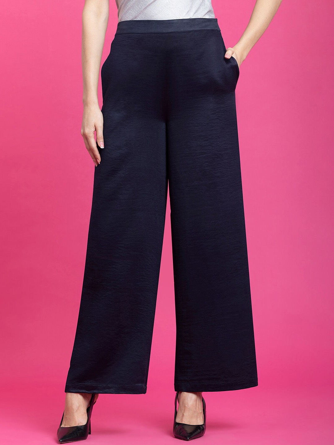 

FableStreet Women Comfort Flared Trousers, Navy blue