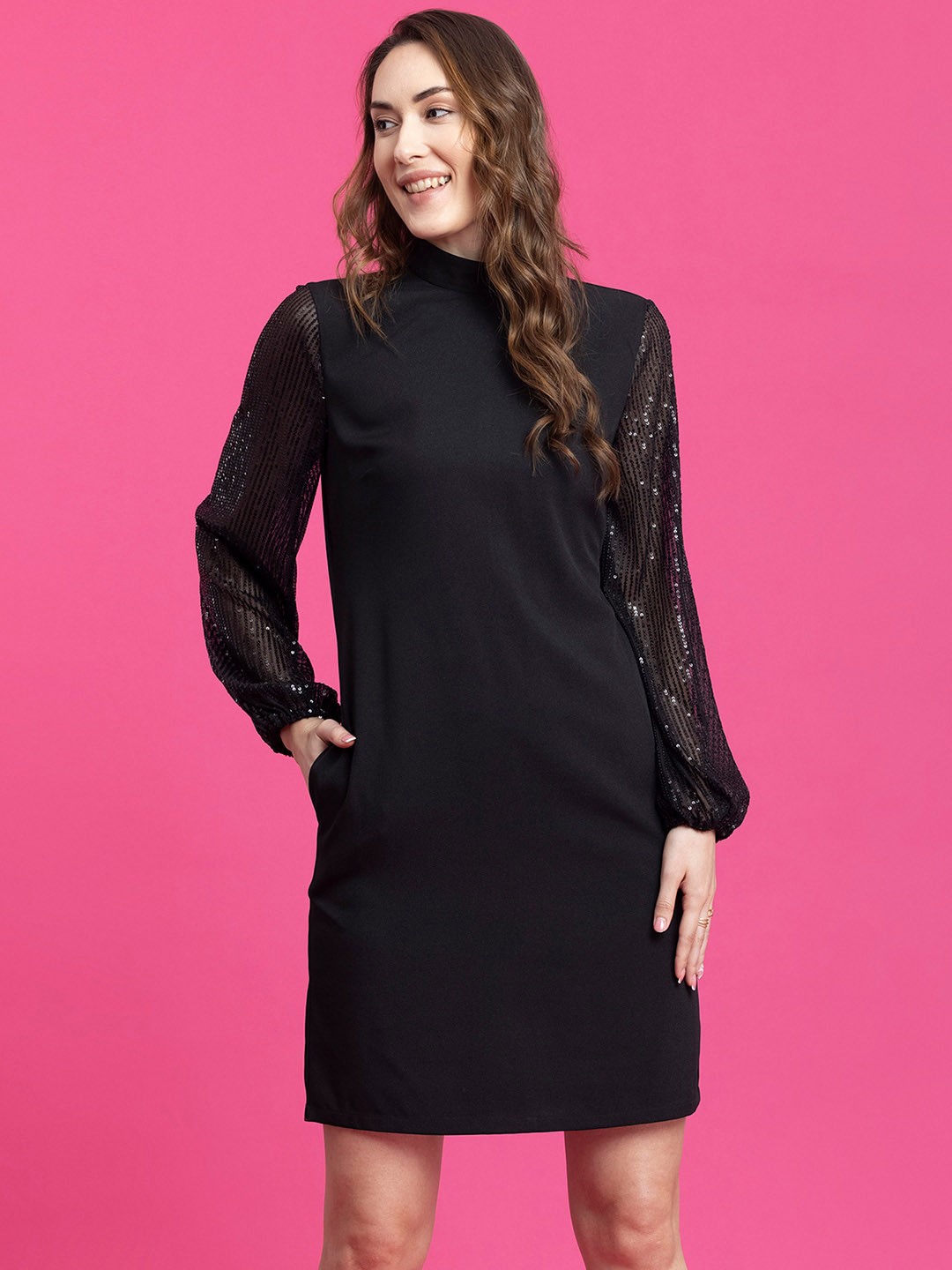 

FableStreet Mock Neck Sequin Sheath Dress, Black