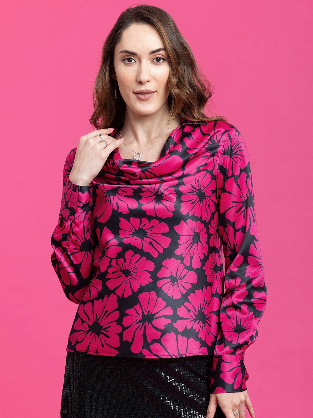

FableStreet Floral Print Cowl Neck Satin Top, Black