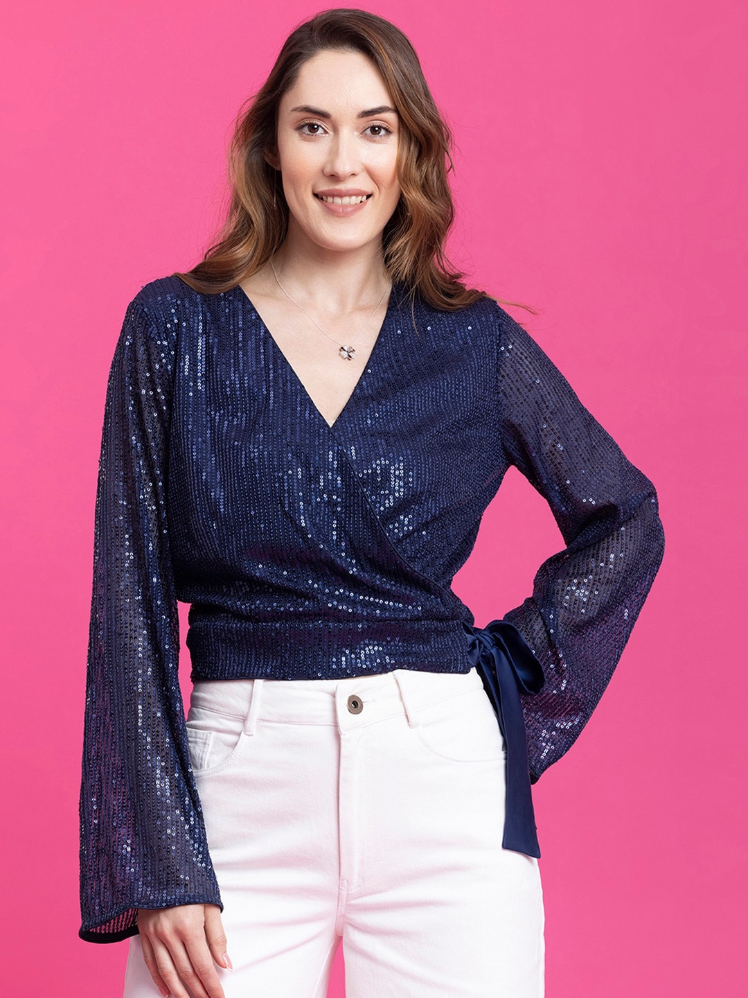 

FableStreet Sequin Wrap Top, Navy blue