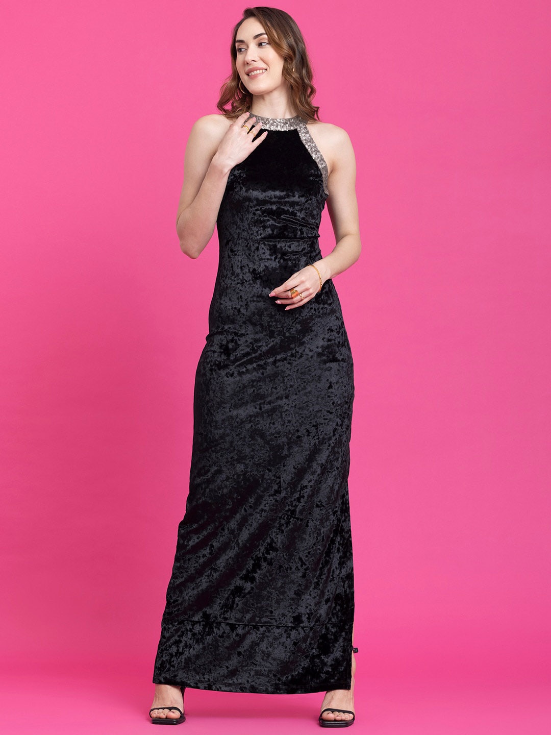 

FableStreet Embellished Halter Neck Velvet Maxi Dress, Black