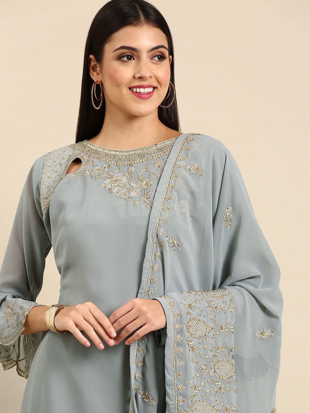 

Shaily Grey & Gold-Toned Embroidered Silk Georgette Unstitched Dress Material