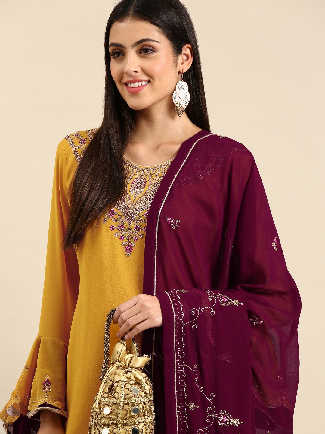 

Shaily Yellow & Maroon Embroidered Silk Georgette Unstitched Dress Material