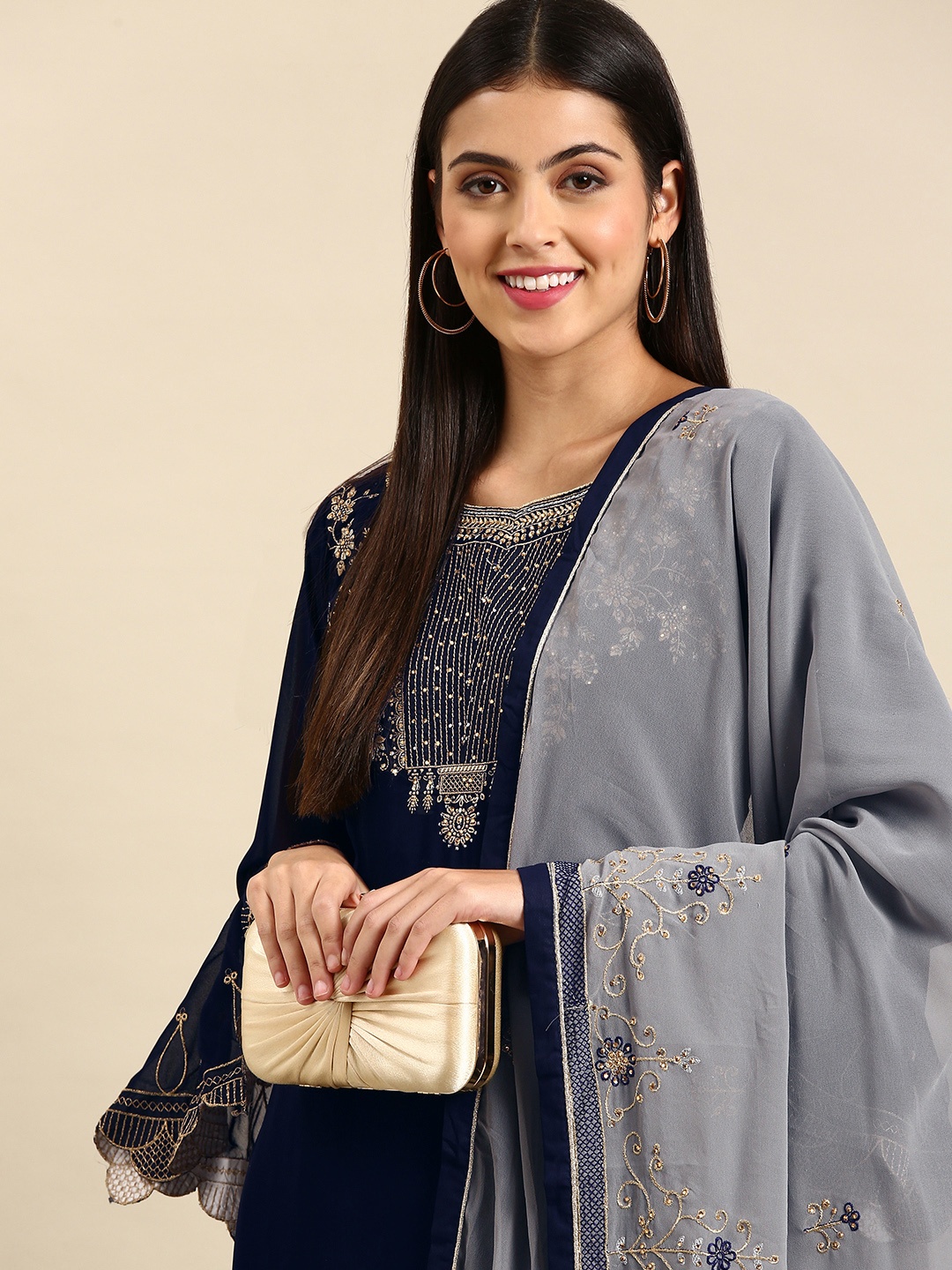

Shaily Navy Blue & Grey Embroidered Silk Georgette Unstitched Dress Material