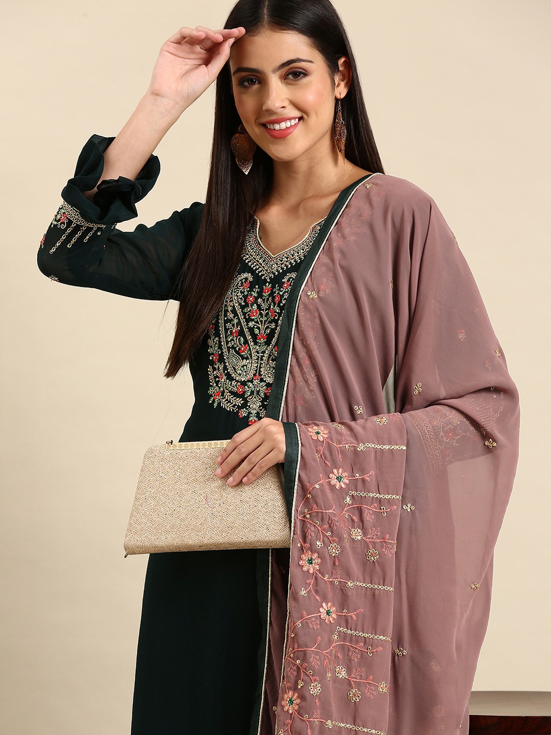 

Shaily Green & Mauve Embroidered Silk Georgette Unstitched Dress Material