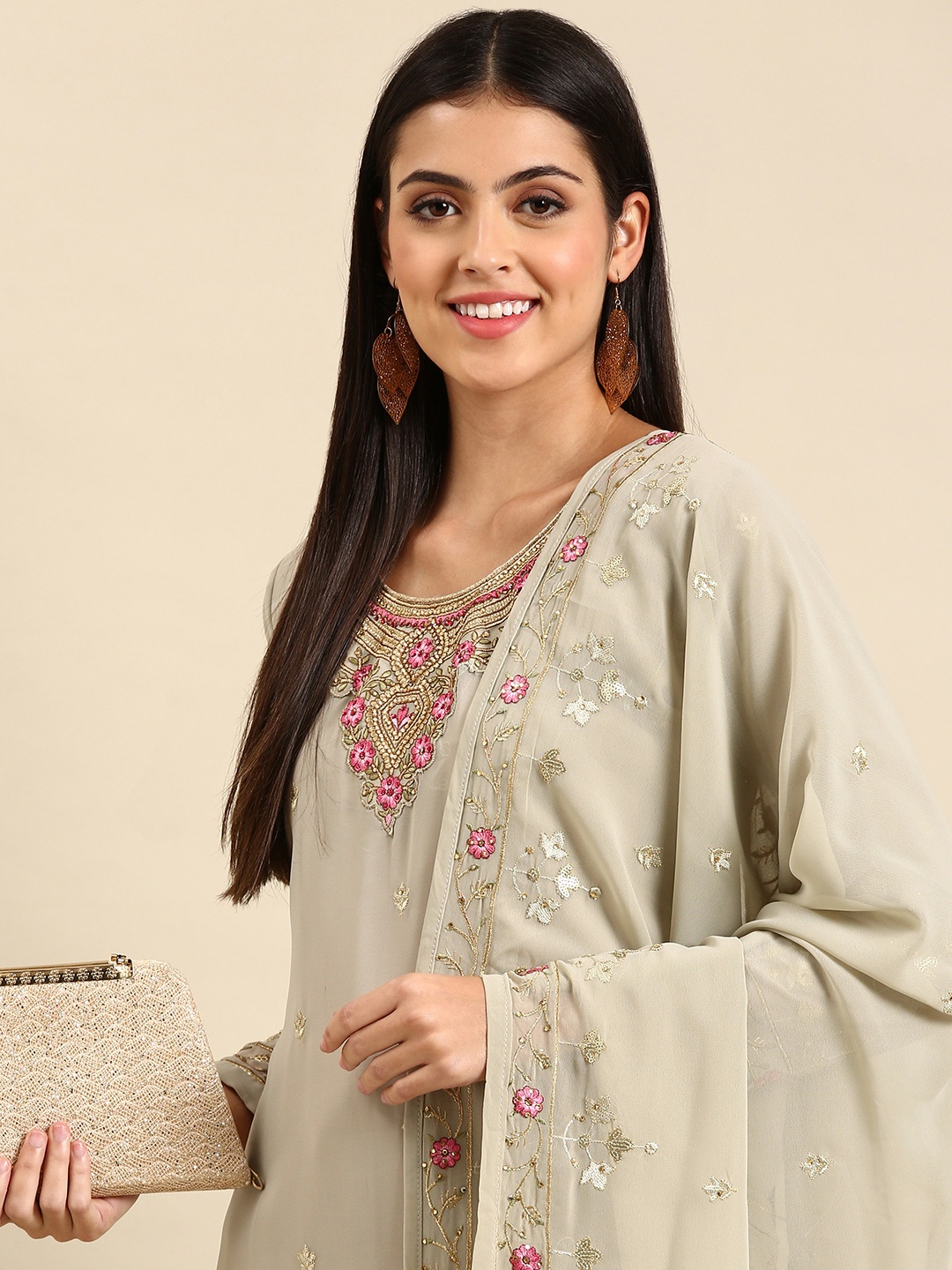 

Shaily Grey Embroidered Silk Georgette Unstitched Dress Material