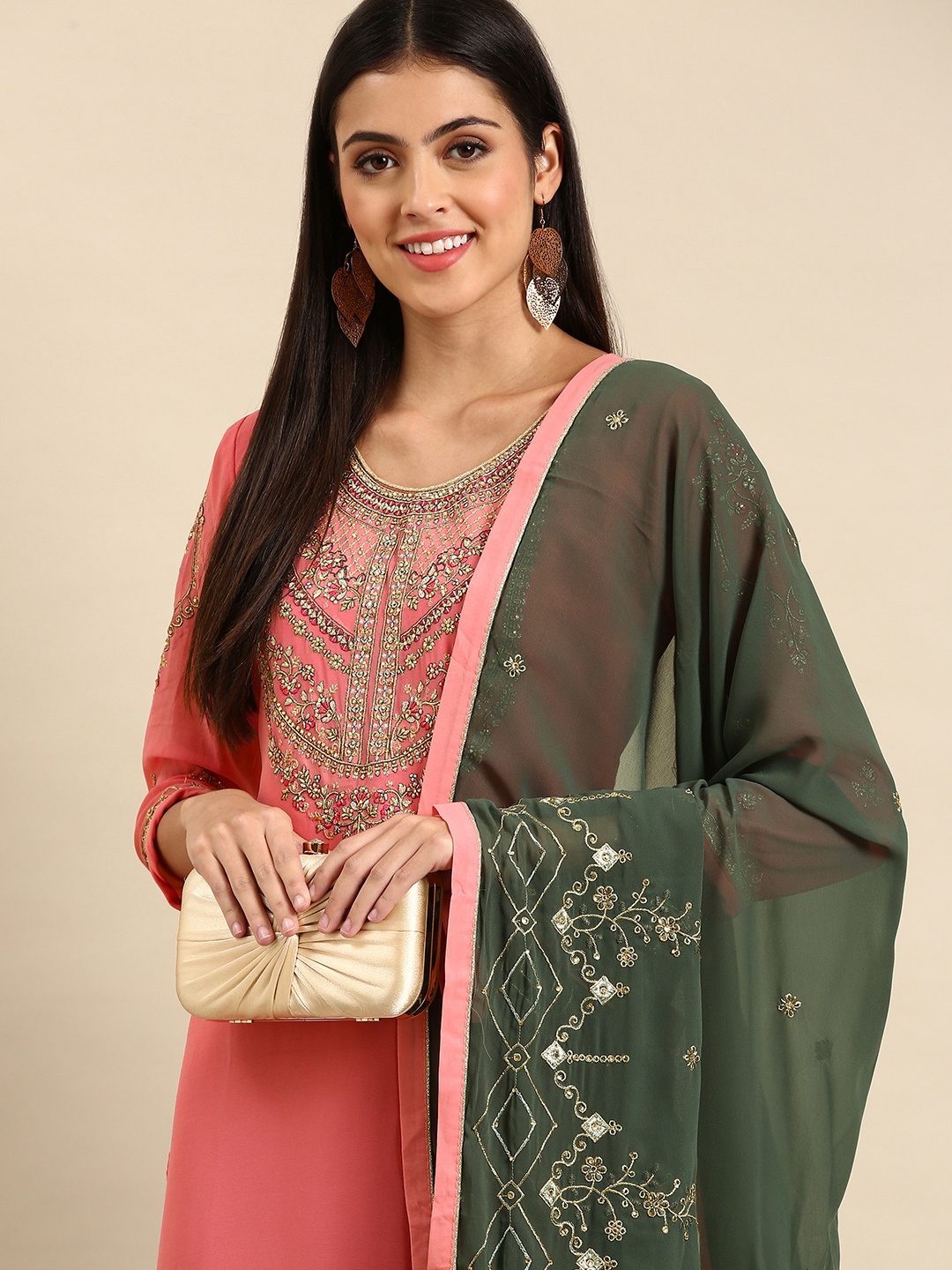 

Shaily Pink & Green Embroidered Silk Georgette Unstitched Dress Material
