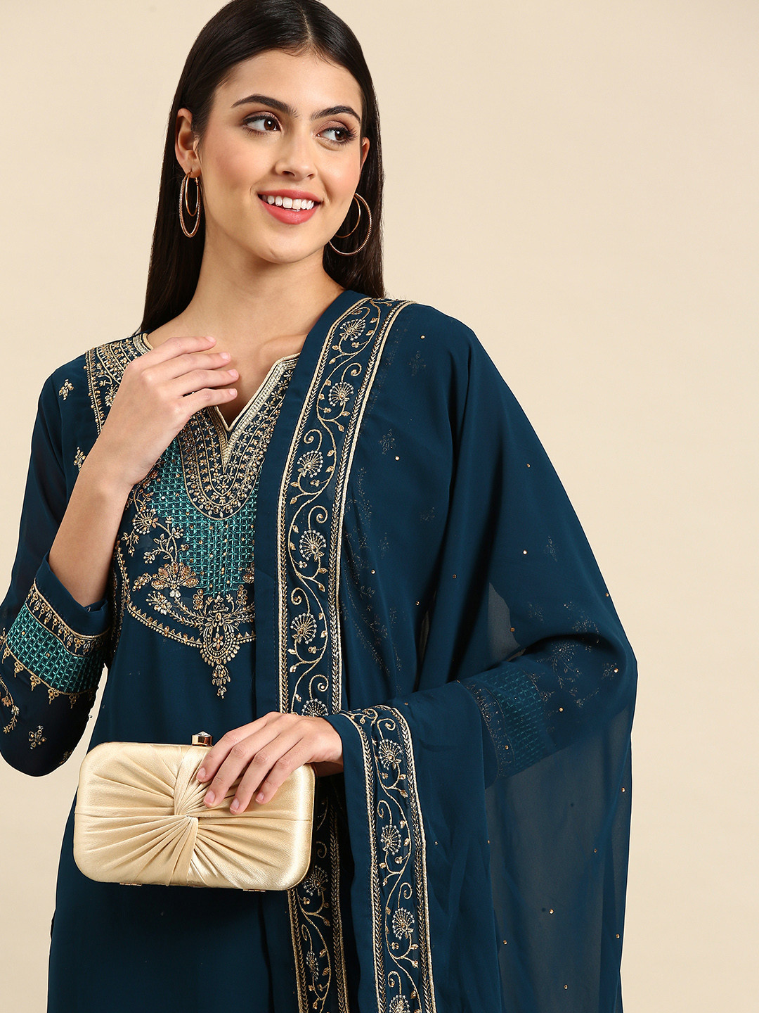 

Shaily Navy Blue Embroidered Silk Georgette Unstitched Dress Material