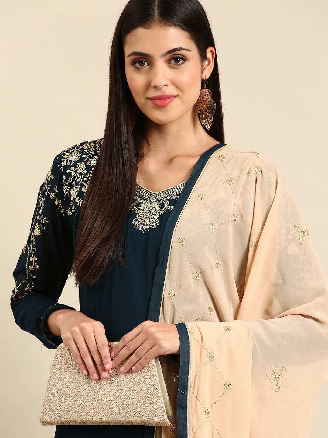 

Shaily Navy Blue & Beige Embroidered Silk Georgette Unstitched Dress Material