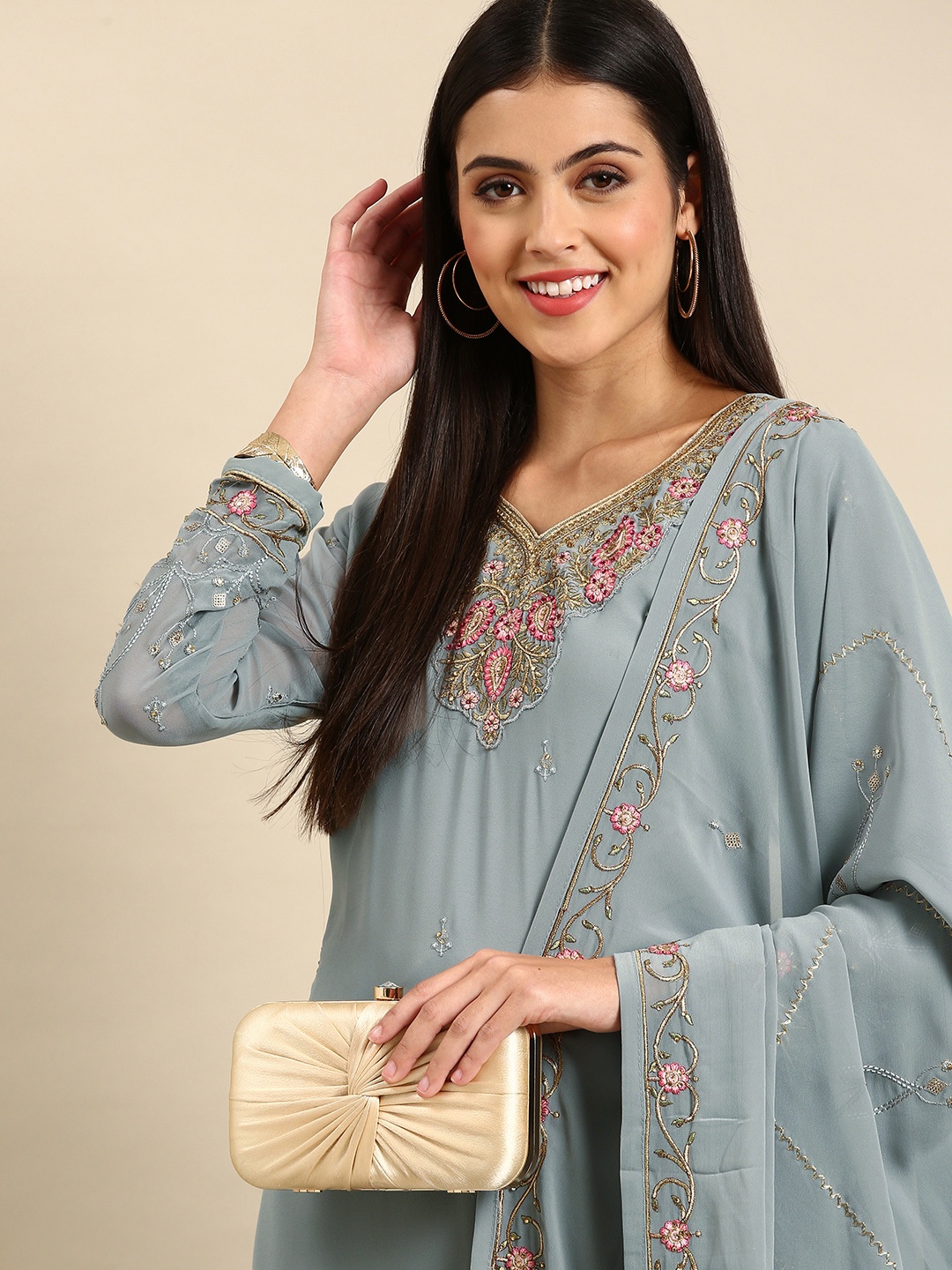 

Shaily Grey Embroidered Silk Georgette Unstitched Dress Material