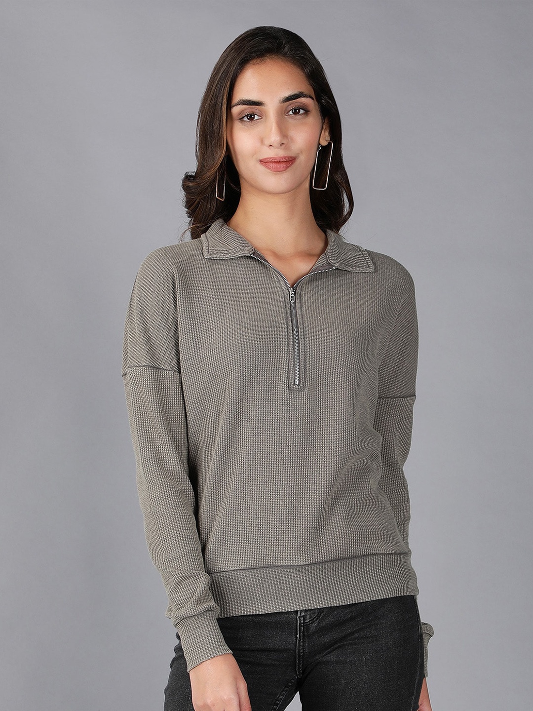 

Nimble Women Polo Collar Drop-Shoulder Sleeves T-shirt, Grey