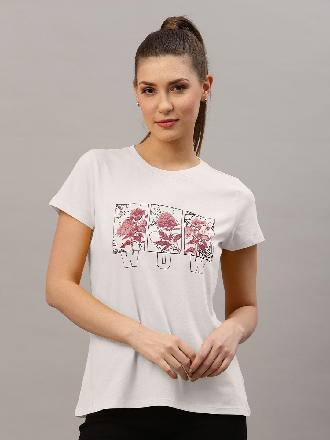

Nimble Women Floral Printed Pure Cotton T-shirt, White