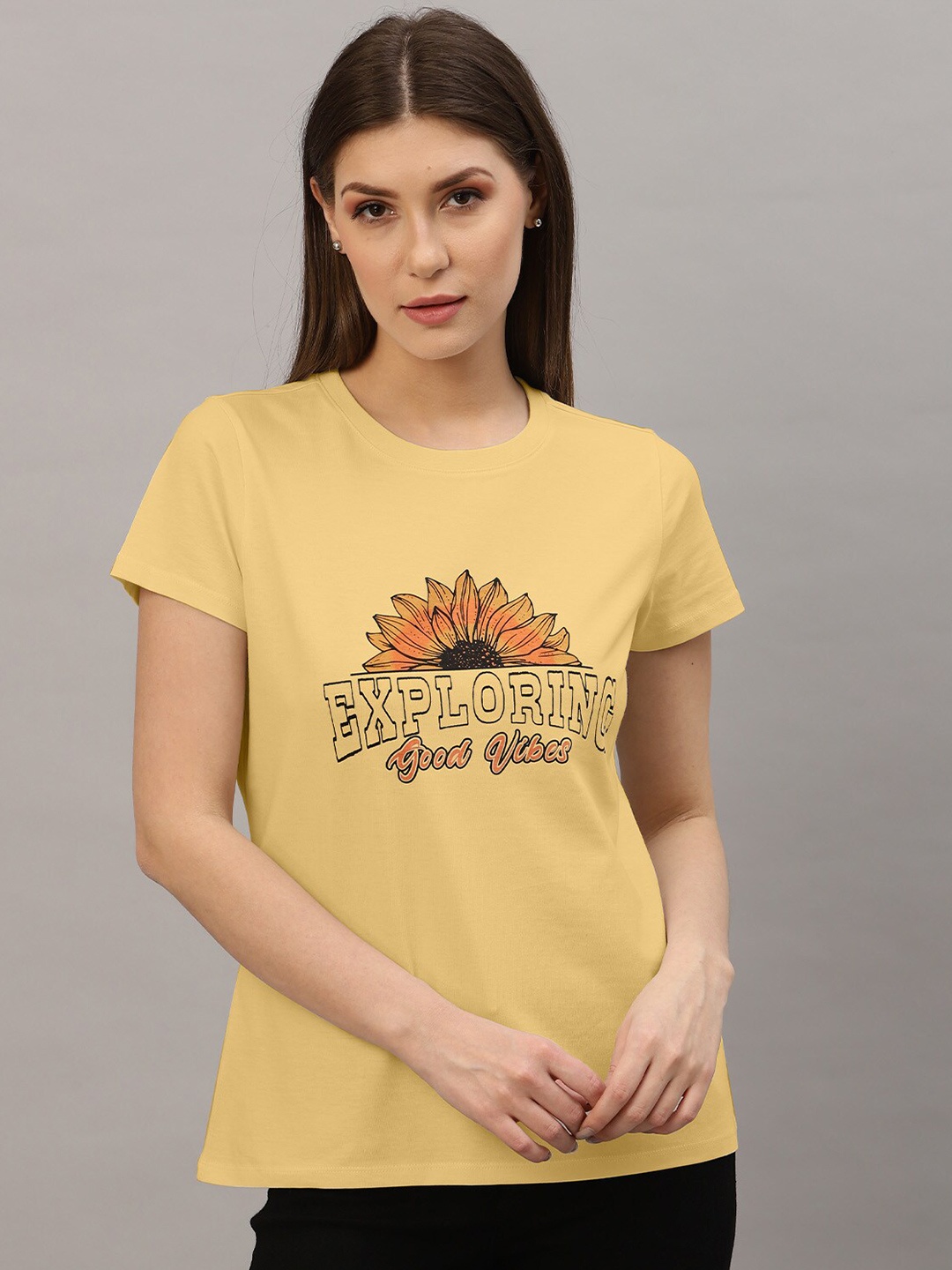 

Nimble Women Typography Printed Cotton T-shirt, Yellow