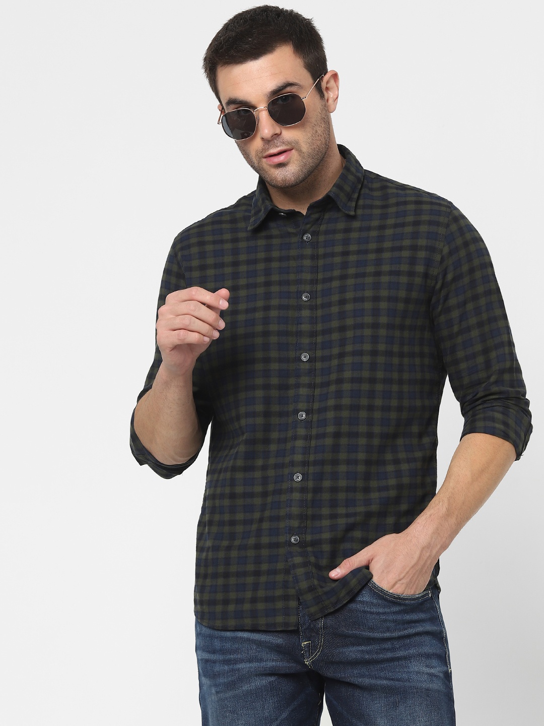 

SELECTED Men Tartan Checks Organic Cotton Casual Shirt, Green