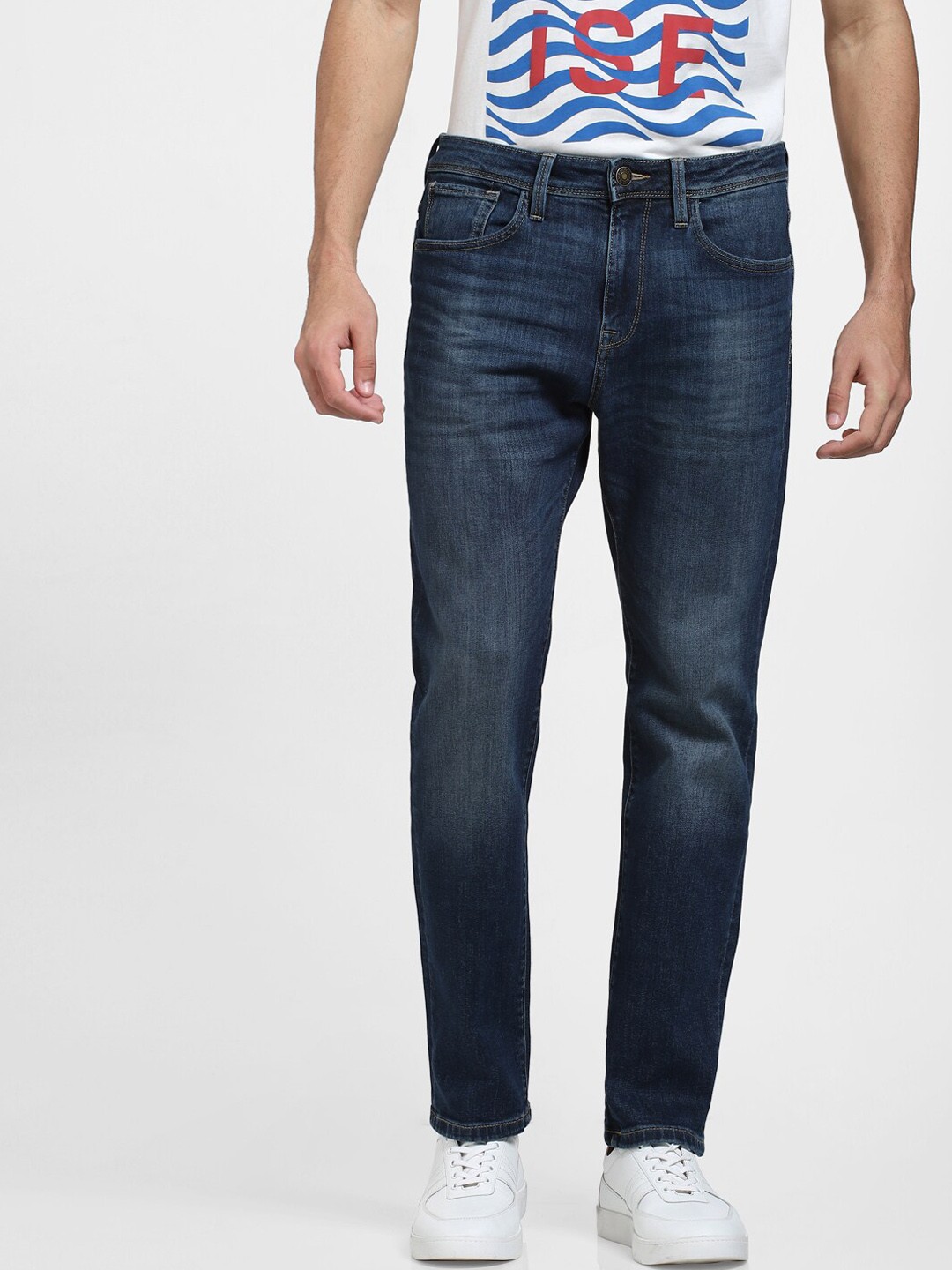 

SELECTED Men Straight Fit Light Fade Cotton Jeans, Blue