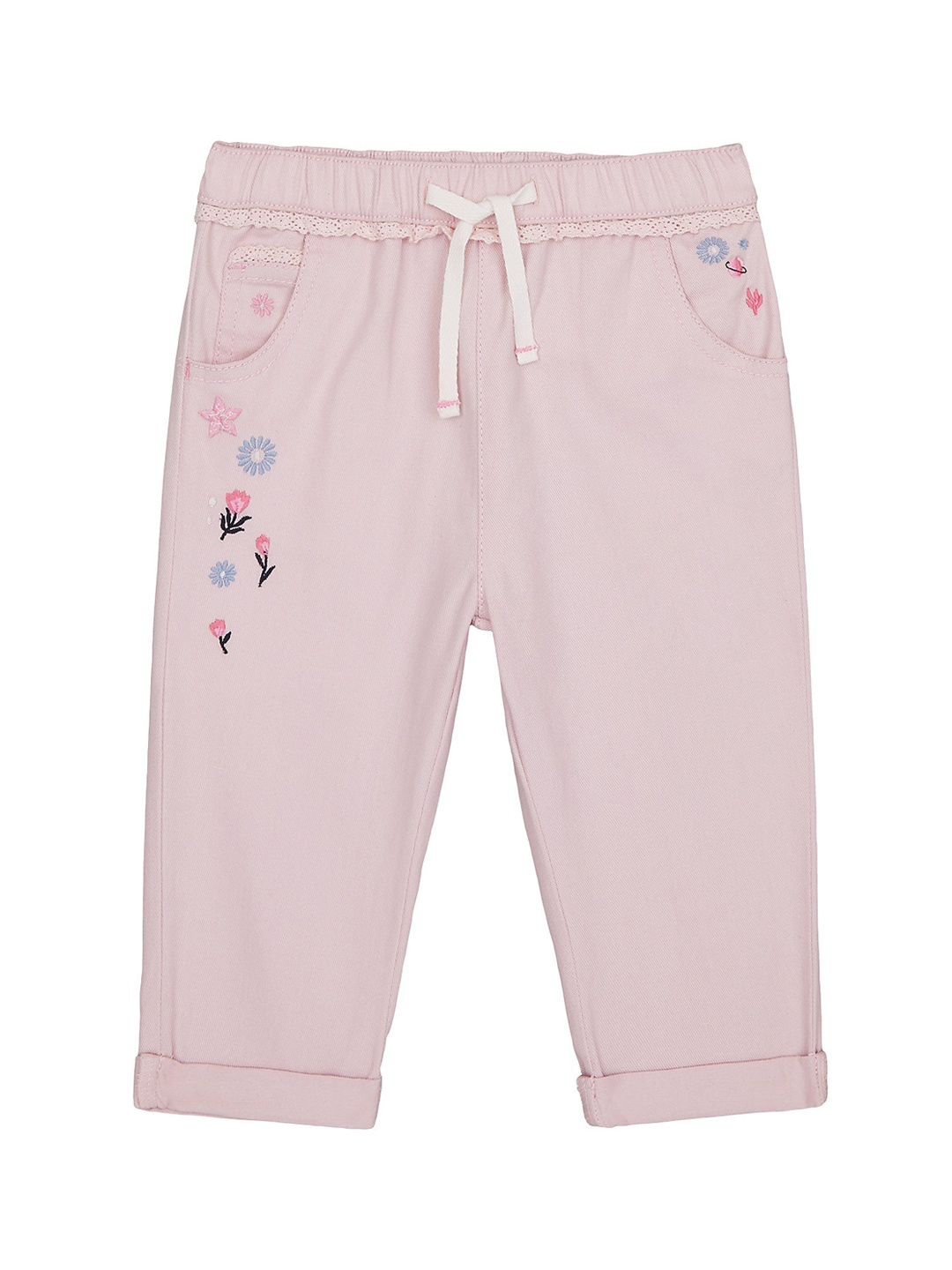 mothercare Girls Embroidered Cotton Trousers, Pink