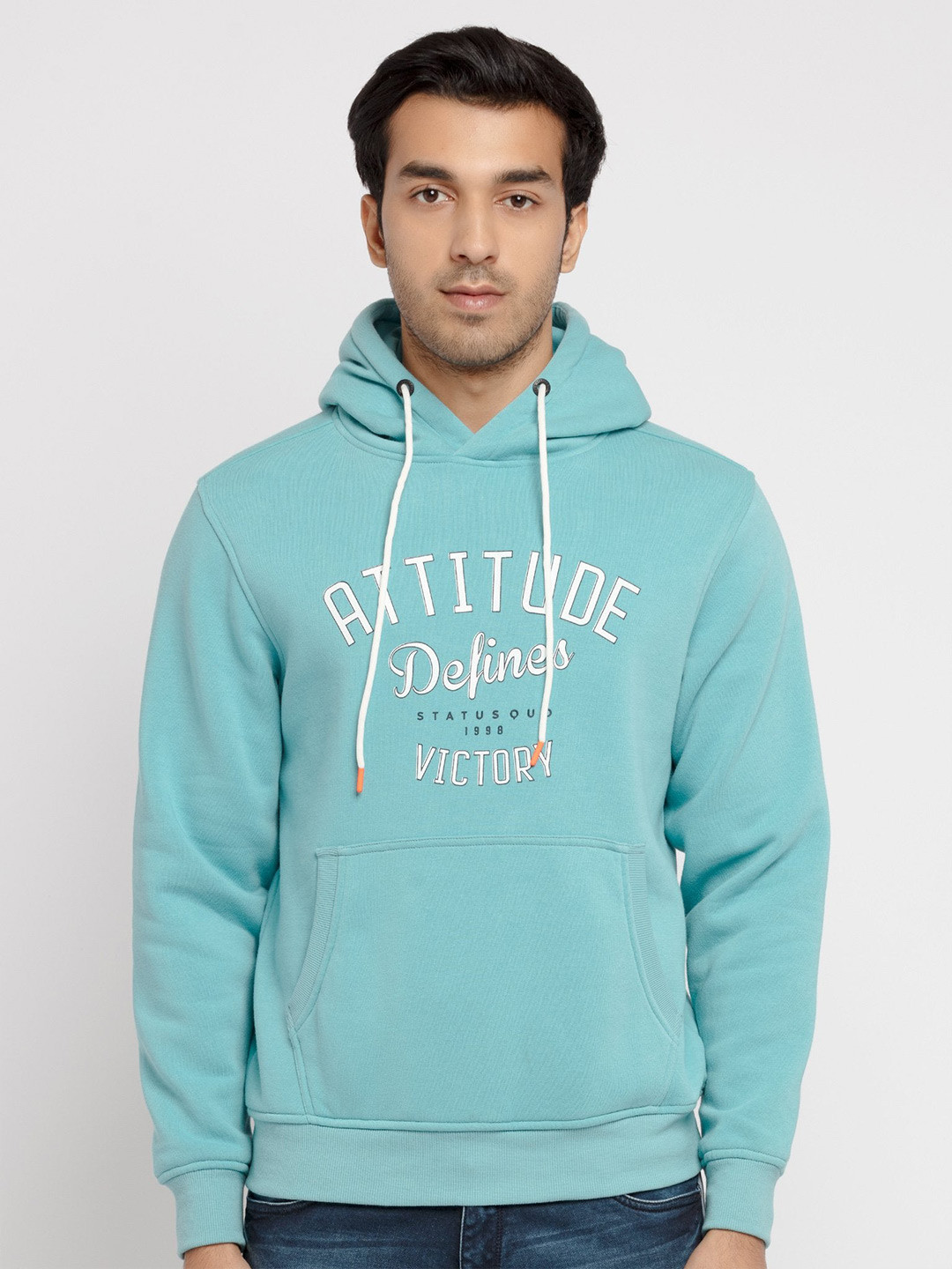 

Status Quo Men Printed Hooded Cotton Sweatshirt, Turquoise blue