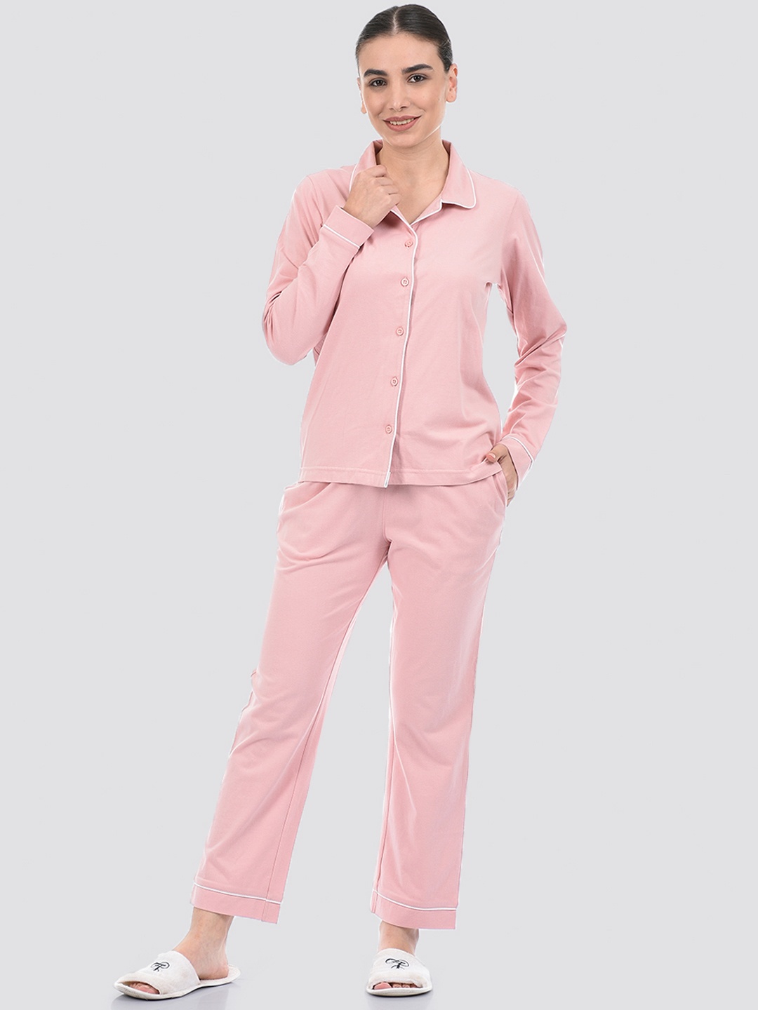 

ONEWAY Women Lapel Collar Night Suit, Pink