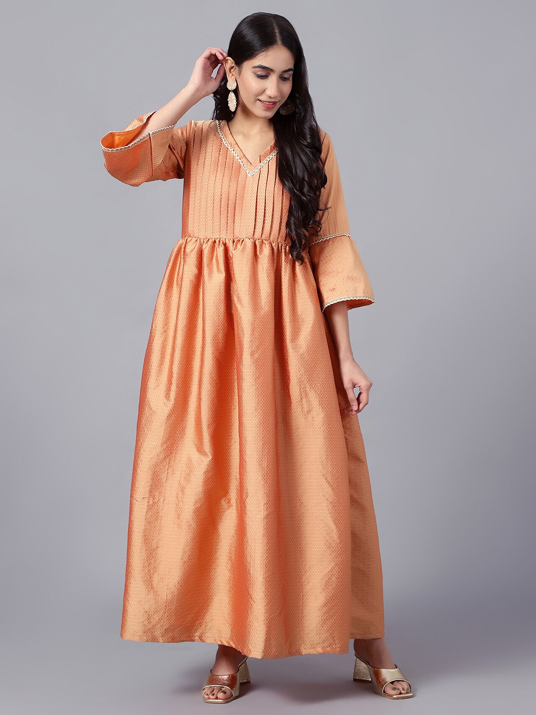 

V TRADITION Ethnic Bell Sleeves Maxi Fit & Flare Dress, Orange