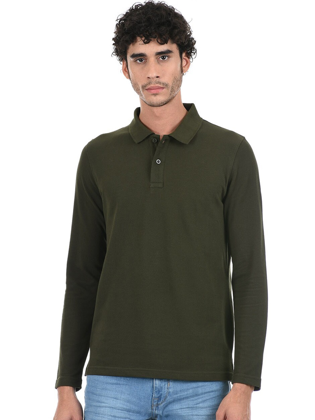 ONEWAY Men Solid Cotton Full Sleeves Polo T-Shirt, Green