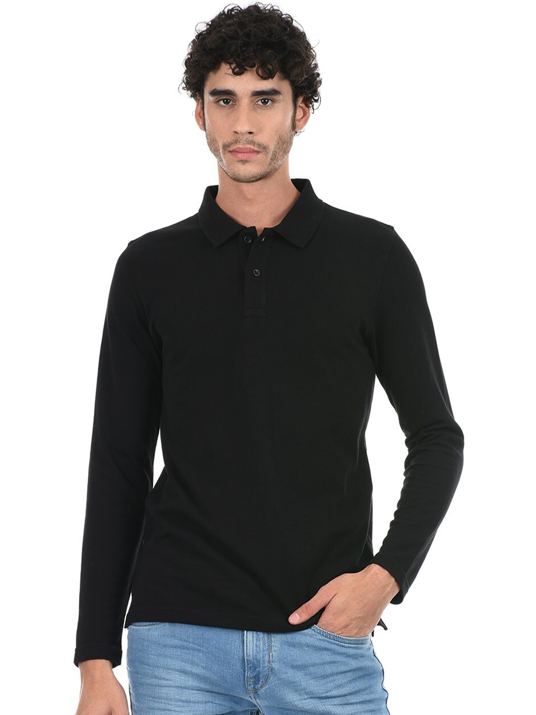 

ONEWAY Men Cotton Full Sleeves Polo T-Shirt, Black